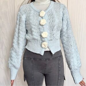 Kimchi Blue Light Blue Cardigan with Cream Floral Accents